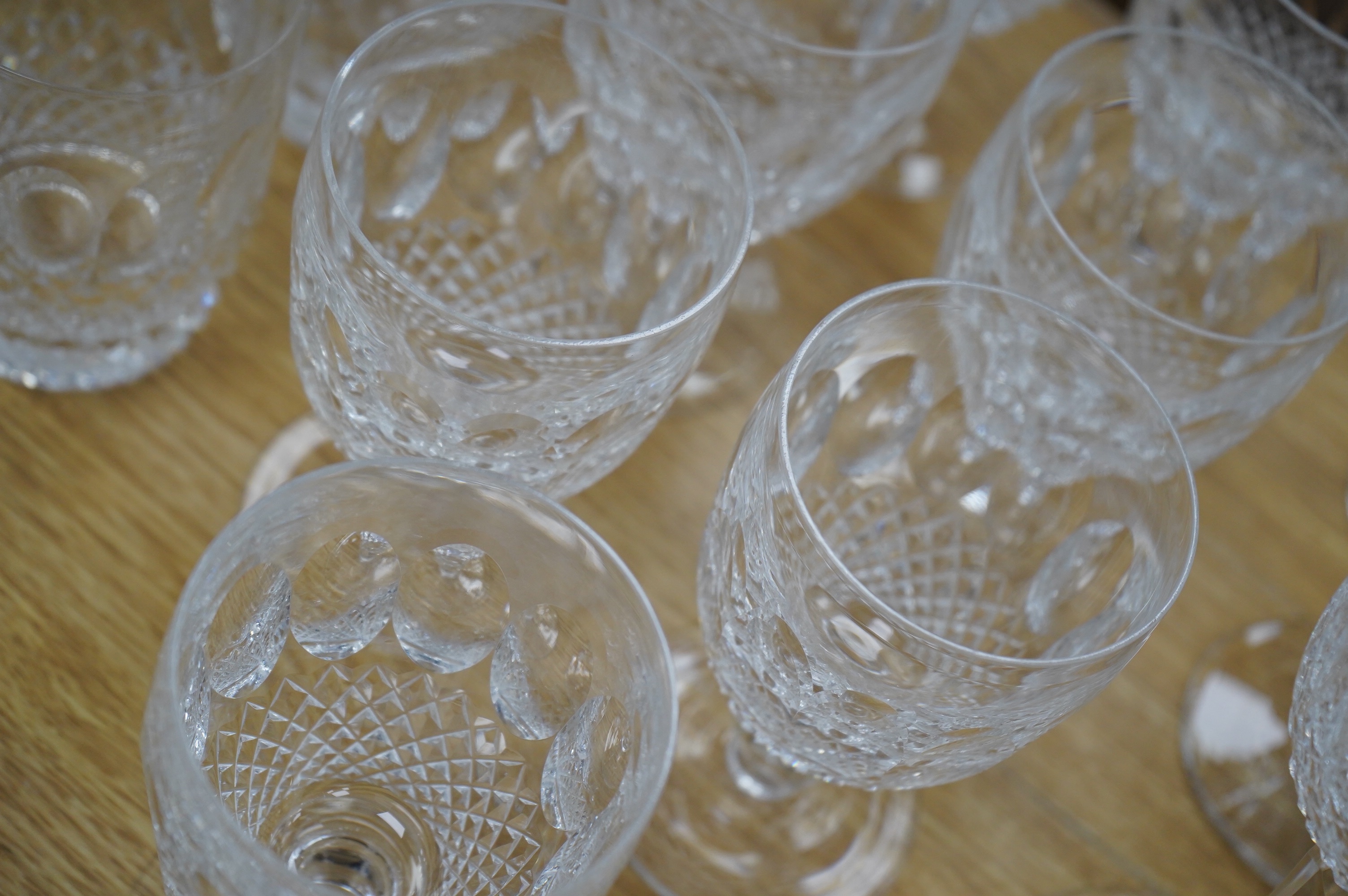 A Waterford Colleen pattern part suite of table glass including decanter, jug and glasses, largest 26cm high. Condition - mostly good